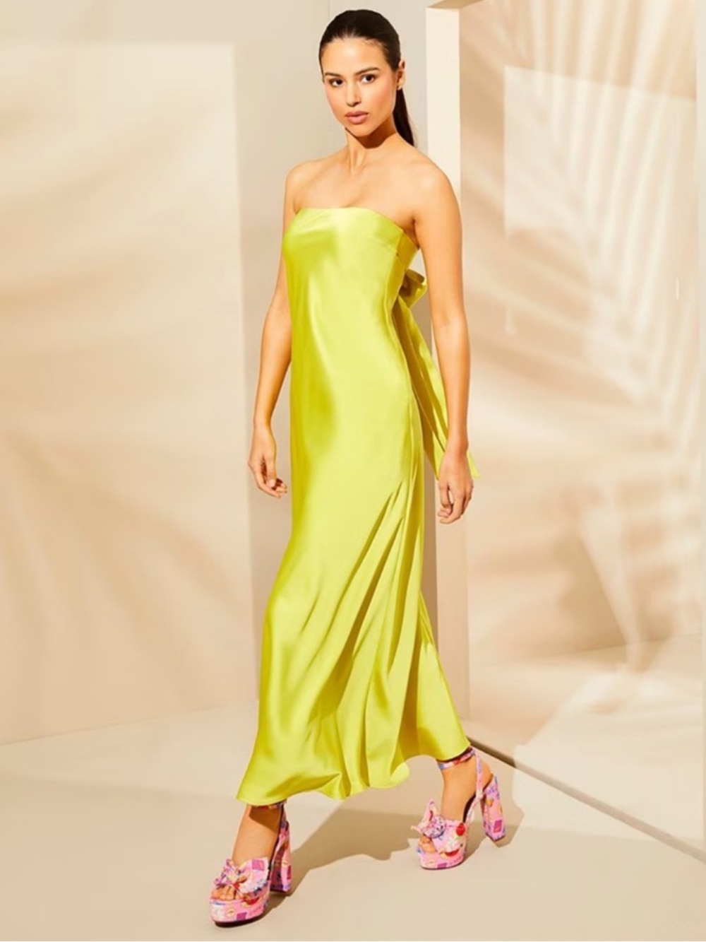 Gianni Bini Francesca Satin Strapless Slip Maxi Dress Chartreuse Tie Back NWT